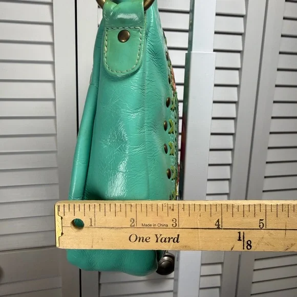 Vintage Consuela Leather Shoulder Tote Bag Teal With Colorful Flower Embroidery - Picture 12 of 16